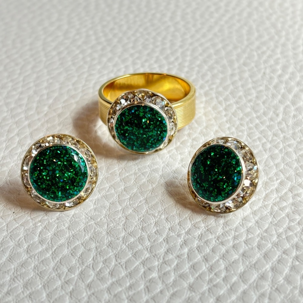 Green Confetti Ring Pierced Earrings Set Gold Plated Size 9